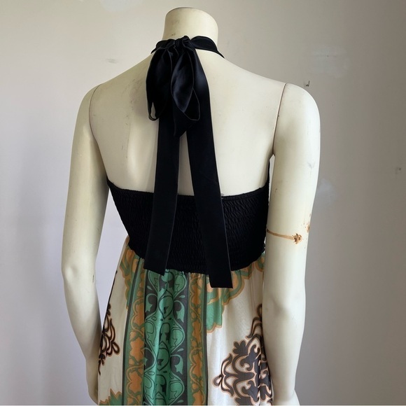 HALE Bob Women’s Gorgeous Printed Silk Halter Maxi Dress Boho Glam Green Brown S - Picture 7 of 13